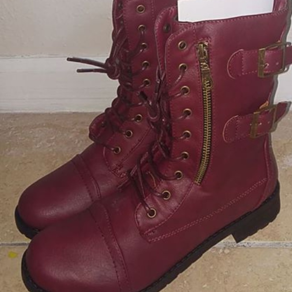 Maroon Combat Boots, Brand New, Size 8